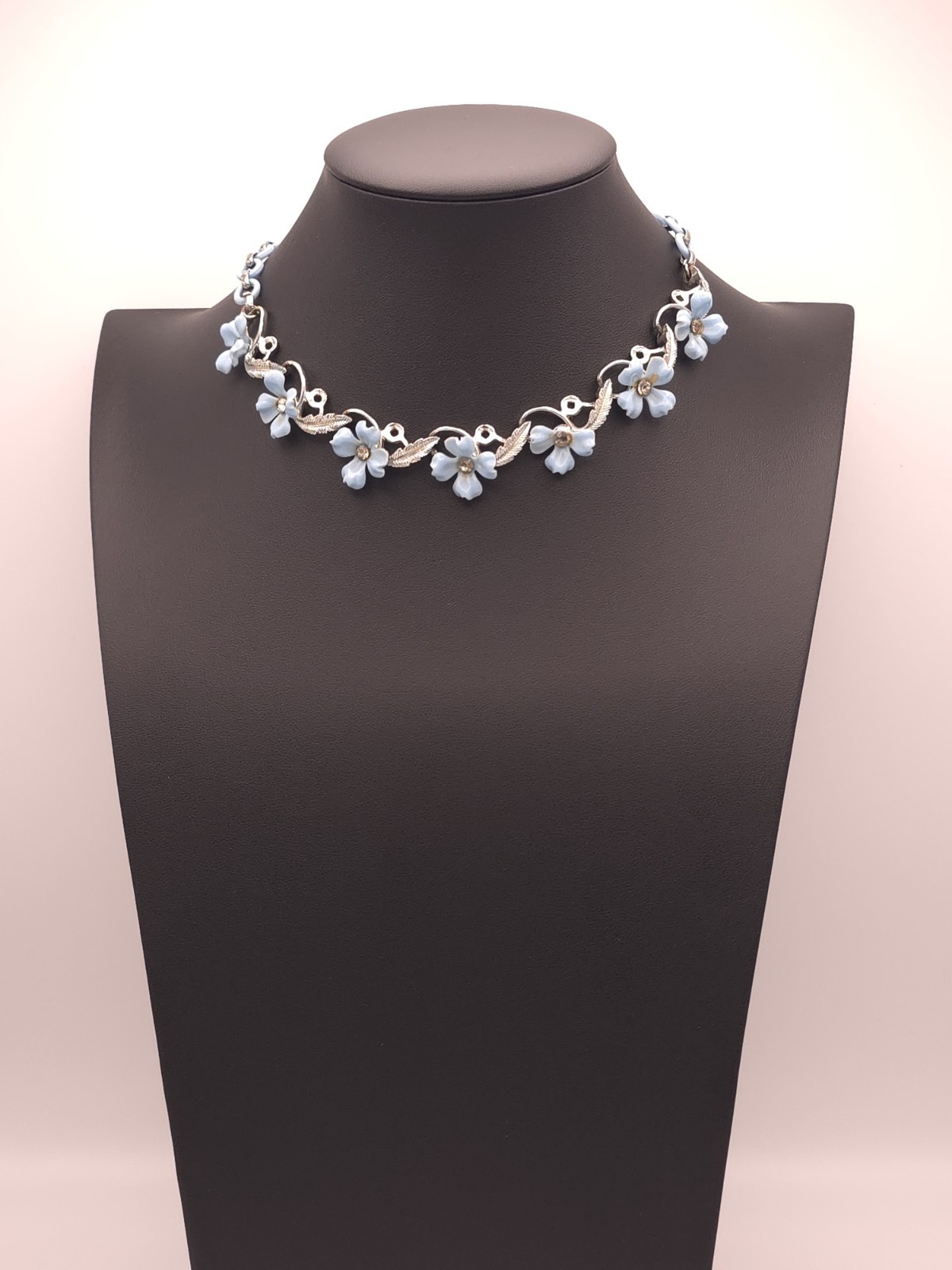 Silver Tone Blue Flower Pendant Necklace Rhinestone Crystal Cable Chain Hook