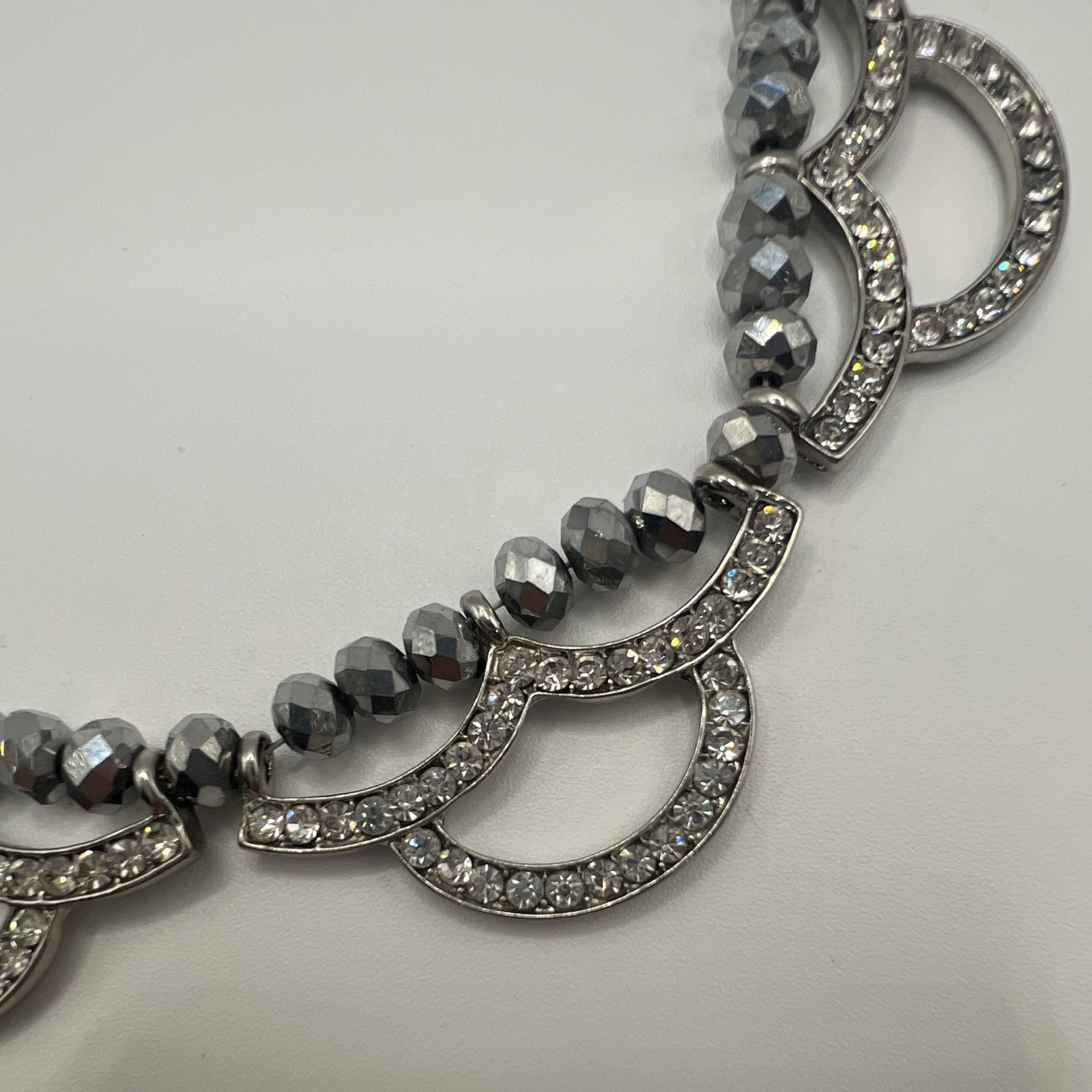 Silver Tone Gray Beaded Statement Necklace, Crystal Pavé, Snake Chain Adjustable
