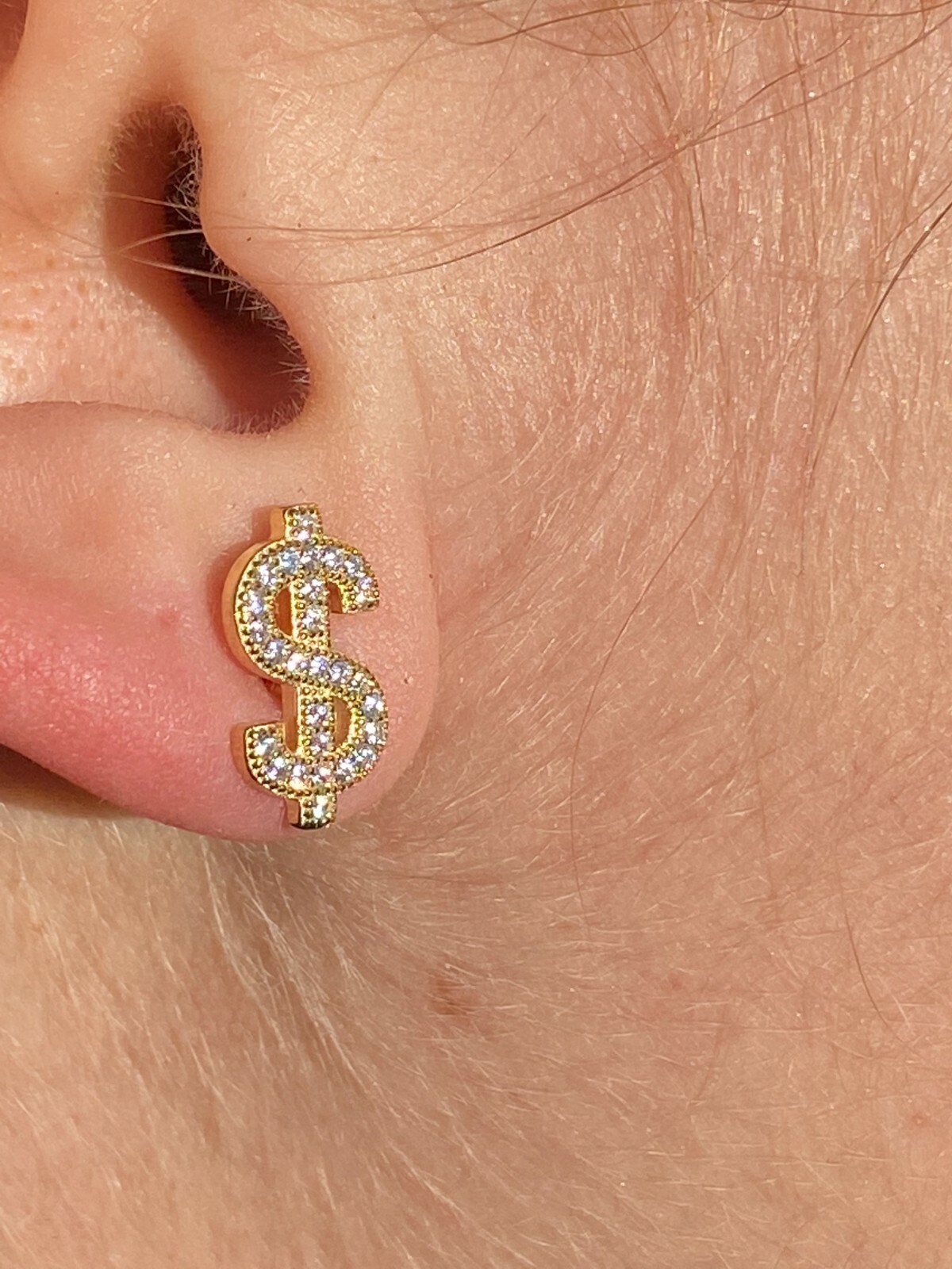 Real 925 Sterling Silver 14k Gold Men Ladies Dollar Sign $ Earrings Studs Iced