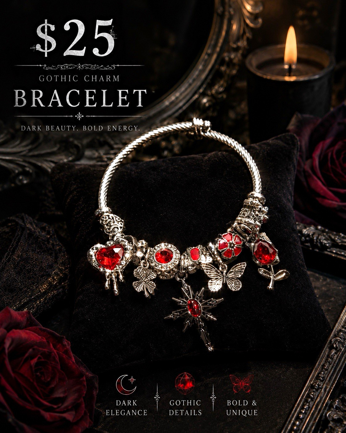 Gothic Silver Tone Snake Chain Charm Bracelet w/ Red Heart Crystal Dangles