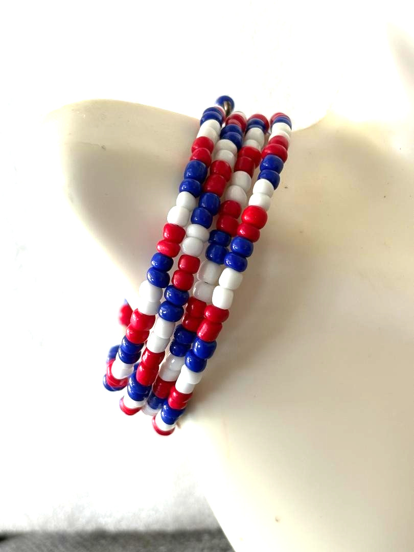 Patriotic Handcrafted Glass Beaded Wrap Bracelet – Red White & Blue
