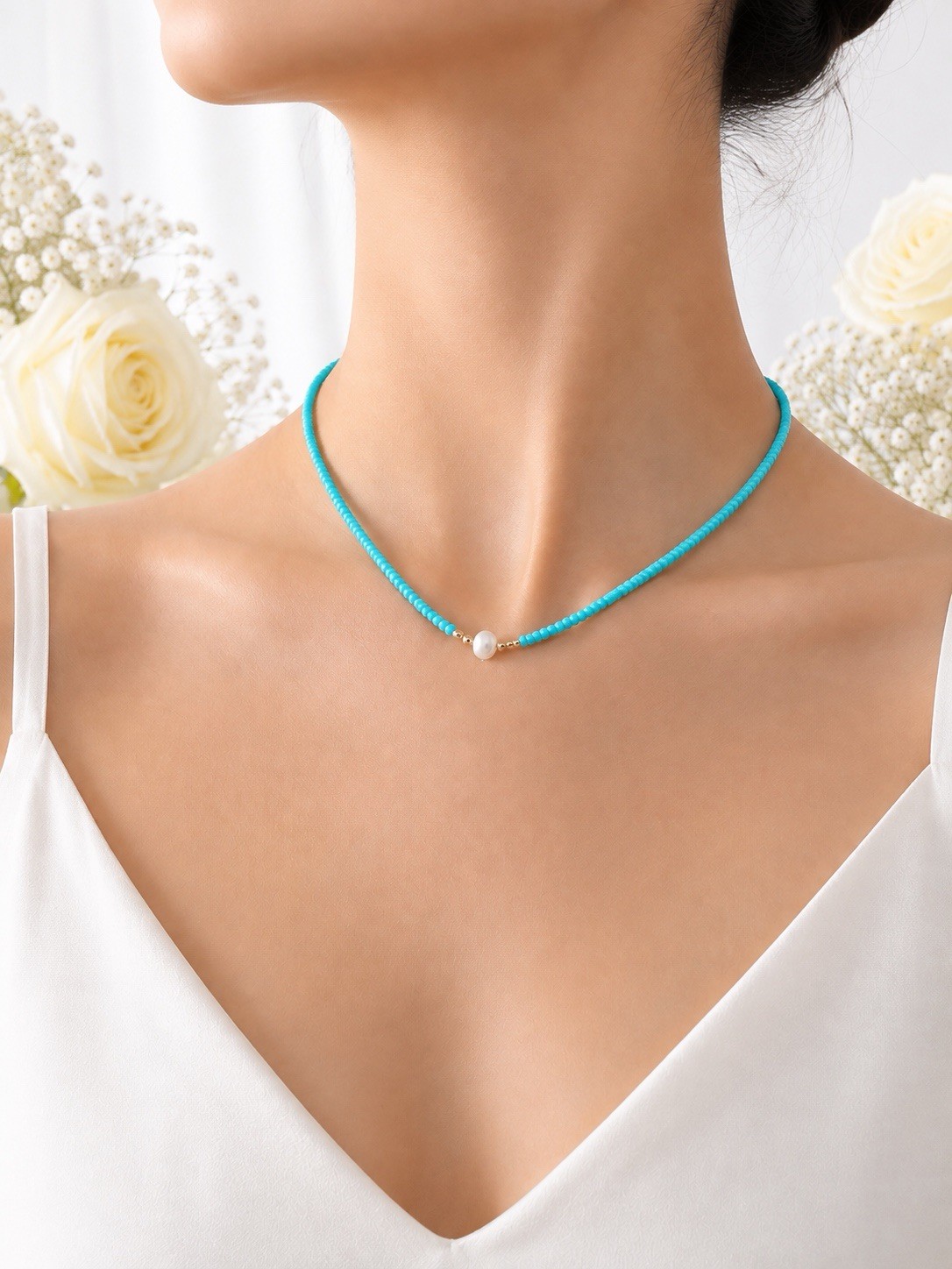 Beaded Choker Necklace with Pearl Charm – White Blue Red Black – Women’s Jewelry