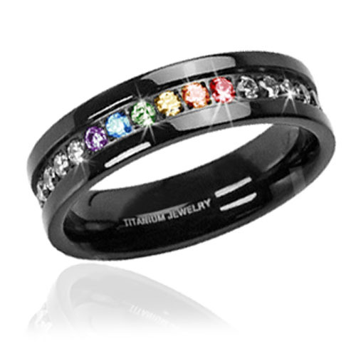 Pride Shack – Lesbian Gay Pride Wedding Ring Band -Black Rainbow String CZ Ring