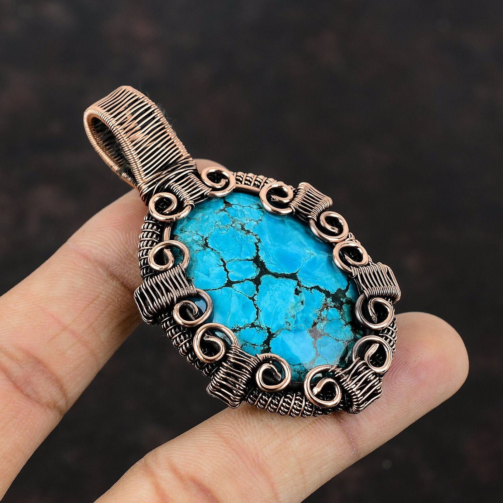 Tibetan Turquoise Wire Wrapped Pendant Handcrafted Copper Ethnic Gift 2.83″