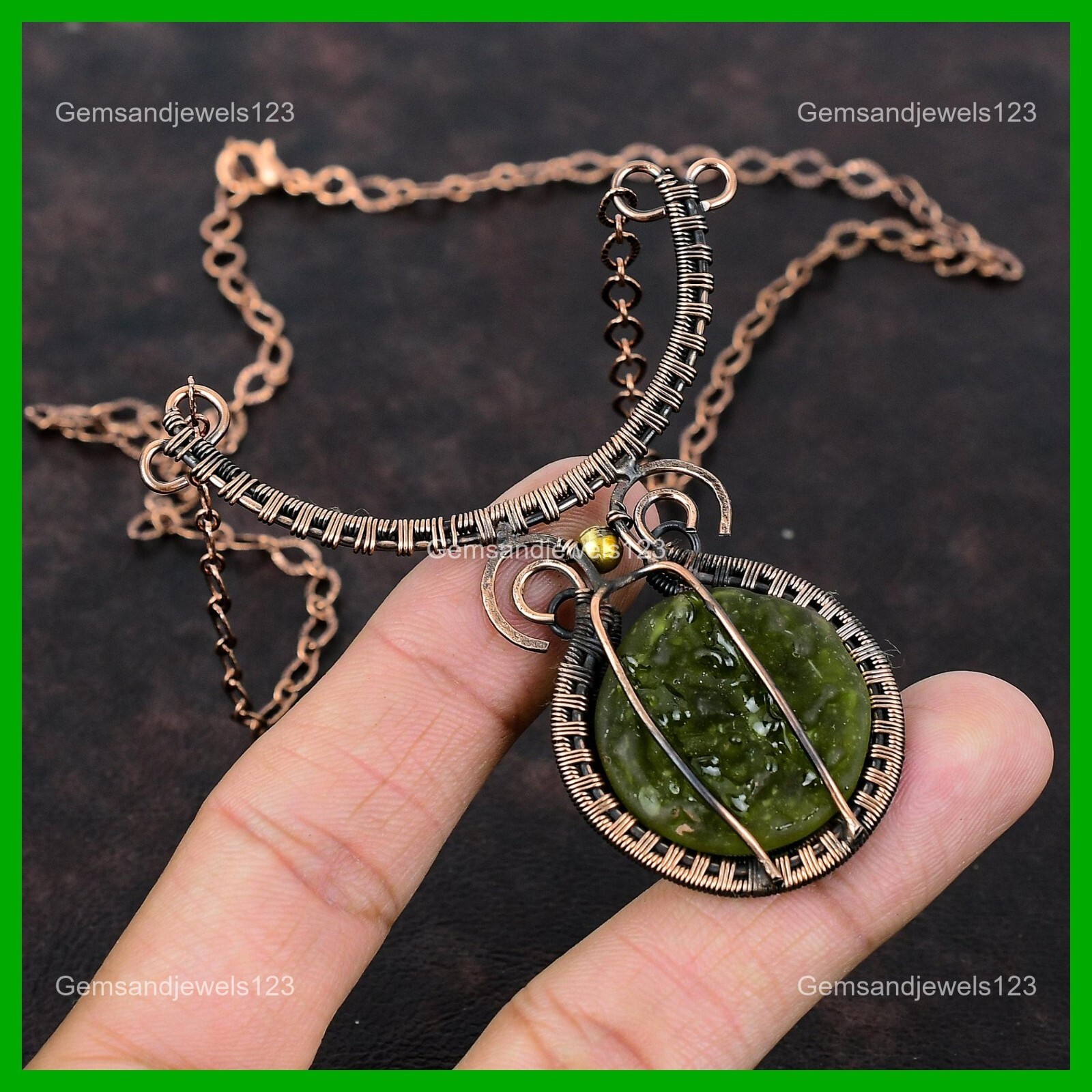 Copper Third Eye Chakra Moldavite Gemstone Sister Wire Wrapped Necklace Jewelry