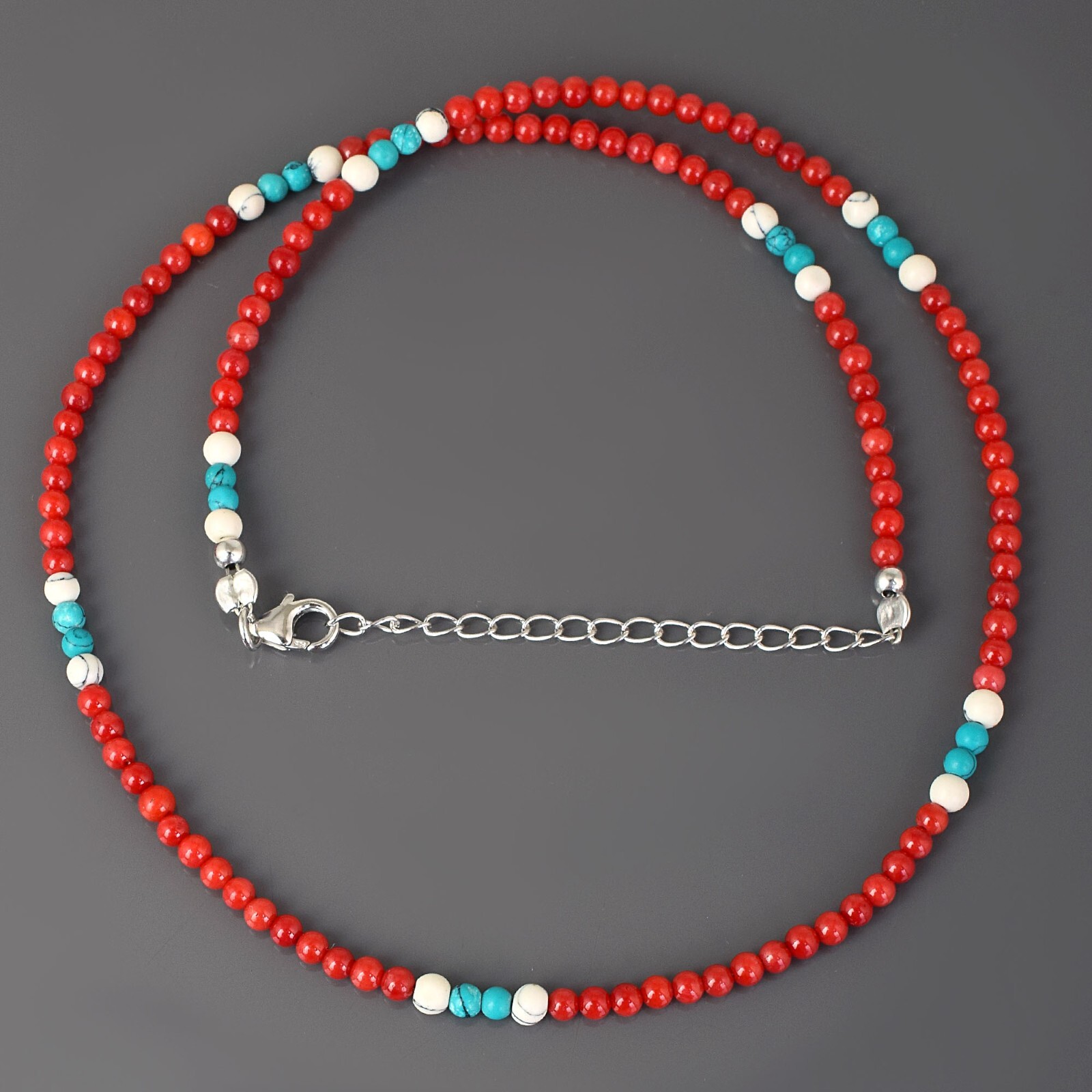 Natural 4mm Blue Turquoise & Red Coral 18″ Gemstone Beaded Ladies Necklace