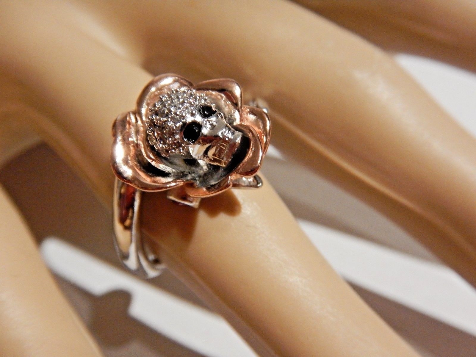 SKULL ROSE RING silver & rose gold plated glass crystal gothic death flower H5