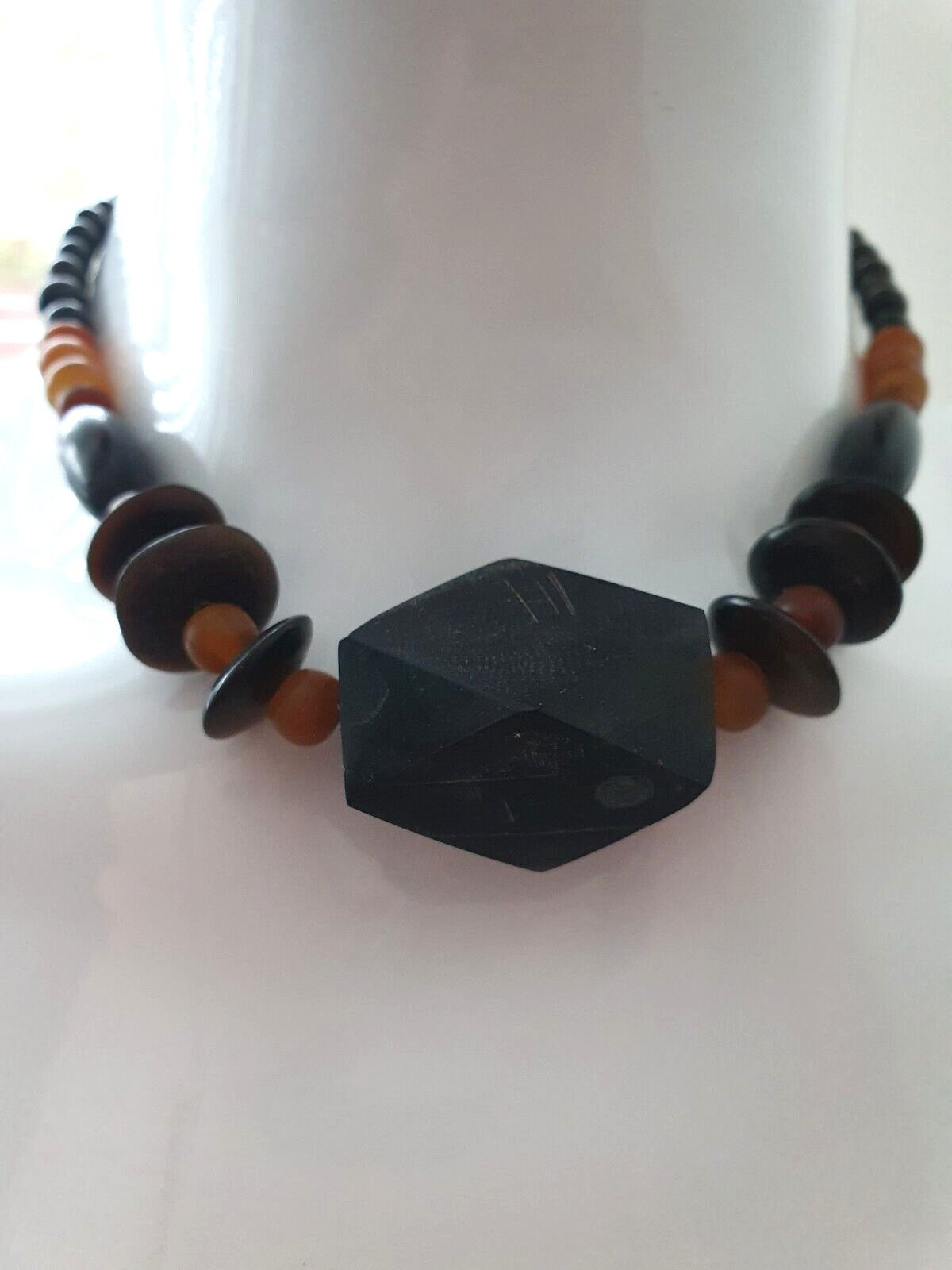 Vintage Artisan Black Orange Chunky Acrylic Beaded Boho Festival Necklace
