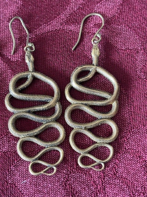 2 Pair Dangling Snake Earrings: Gold Color Metal Rhinestone & Mythology Tribal