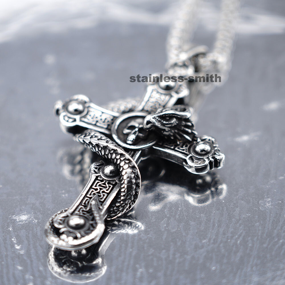 SMITH Cool Gothic Men’s Dragon Skull Cross Pendant Necklace Stainless Steel Men