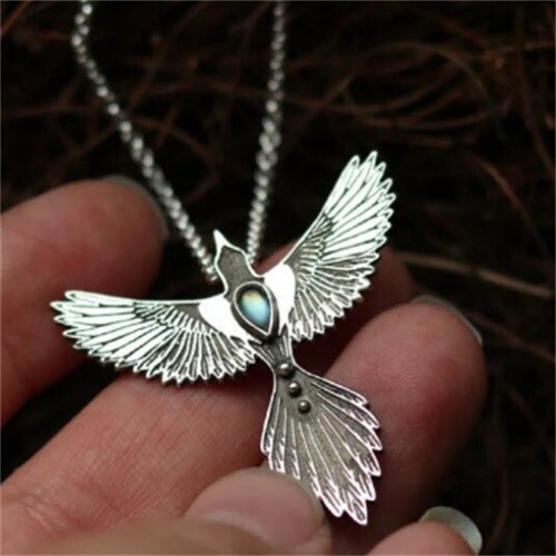 Tibetan Silver Phoenix Opal Pendant Necklace Women Men Gift