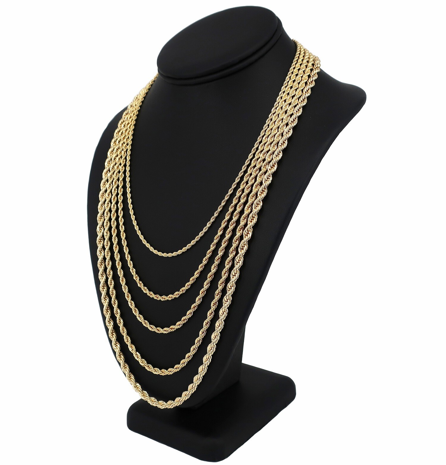 2.5mm to 5mm Rope Chain Necklace Bracelet 16″ 18″ 20″ 24″ 30″ 14K Gold Plated