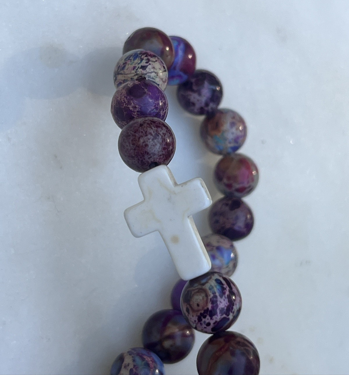 Pull On Stone Beaded Stretch Bracelet with Cross