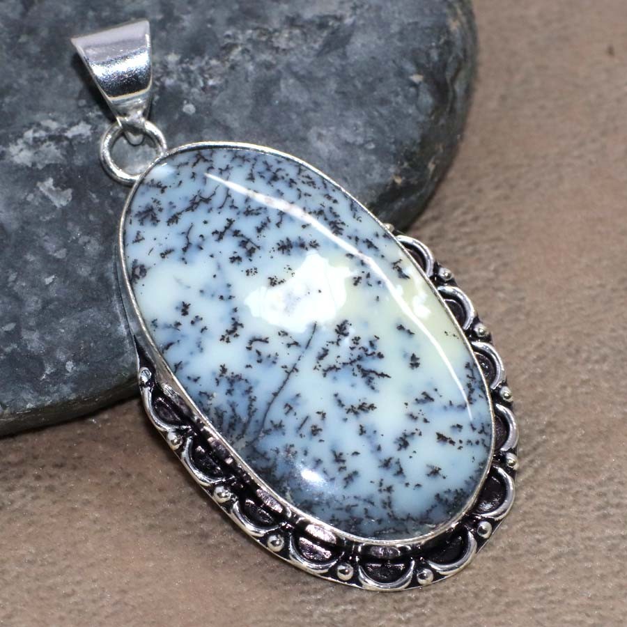 925 Silver Plated Dendritic Opal Pendant 1.9″ Party Wear Gift Jewelry GW