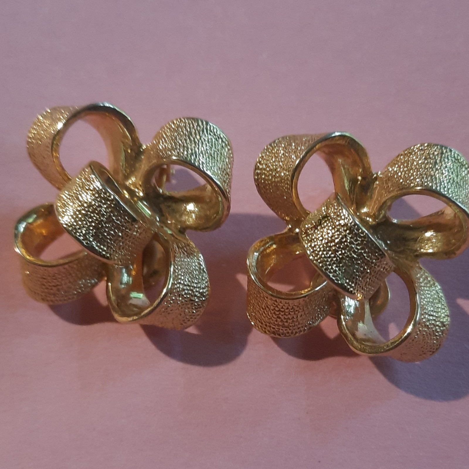 Vintage Kennth J. Lane Gold Tone Textured Bow Knot Clip-On Stud Earrings