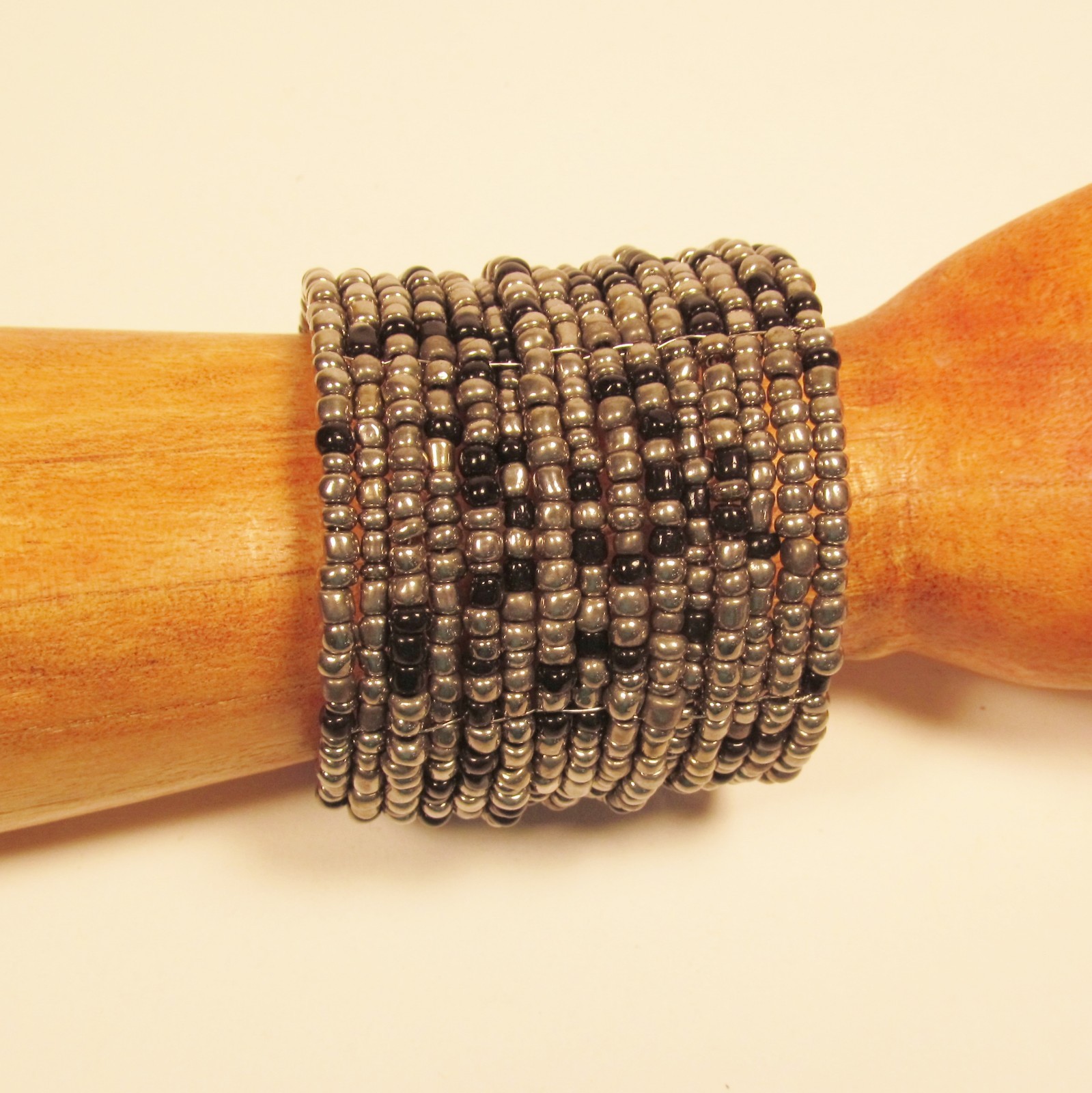 2 1/2″ Wide Black Silver Color Handmade Boho Beaded Bali Cuff Statement Bracelet