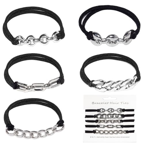 5PCS Black- Silver Gold Bracelet Hair Ties | Fancy Elastic Scrunchies with Metal