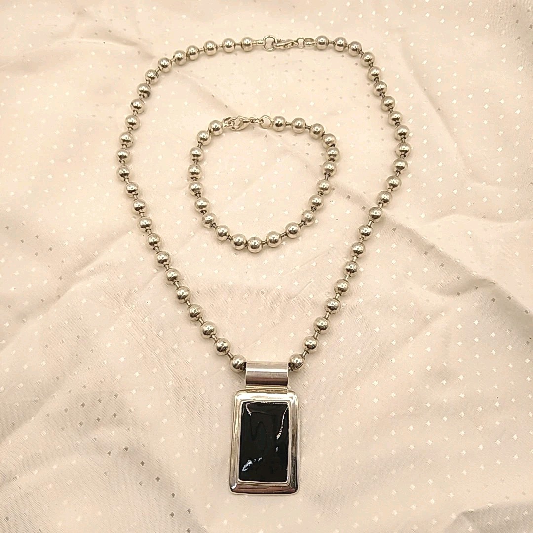 Silver Tone Ball Chain Choker Necklace Bracelet Set With Rectangle Black Stone