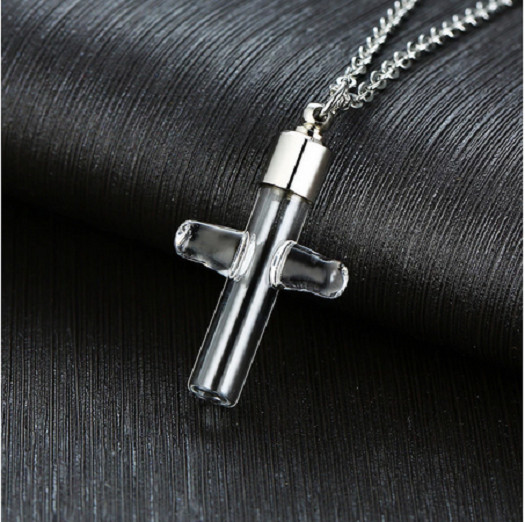 Big GLASS VIAL CROSS URN ASH CREMATION Pendant 925 Sterling Silver 22″ Necklace