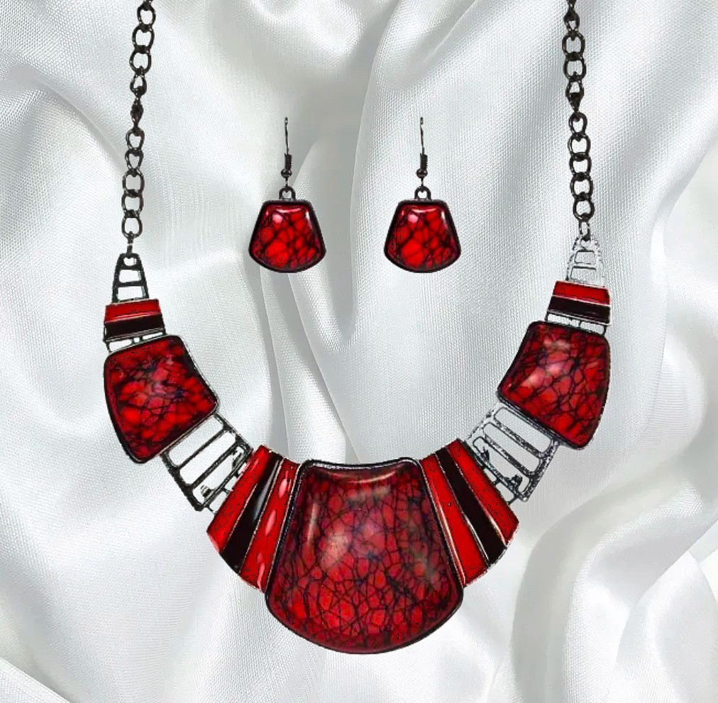 Red and black necklace and earring set, women’s large statement neck set New