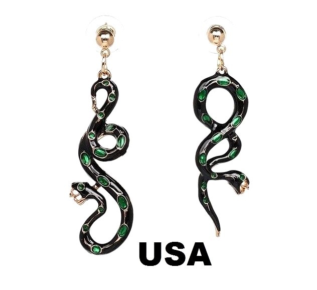 US Seller Betsey Johnson Asymmetric Green Crystal Snake Earrings Fashion Jewelry
