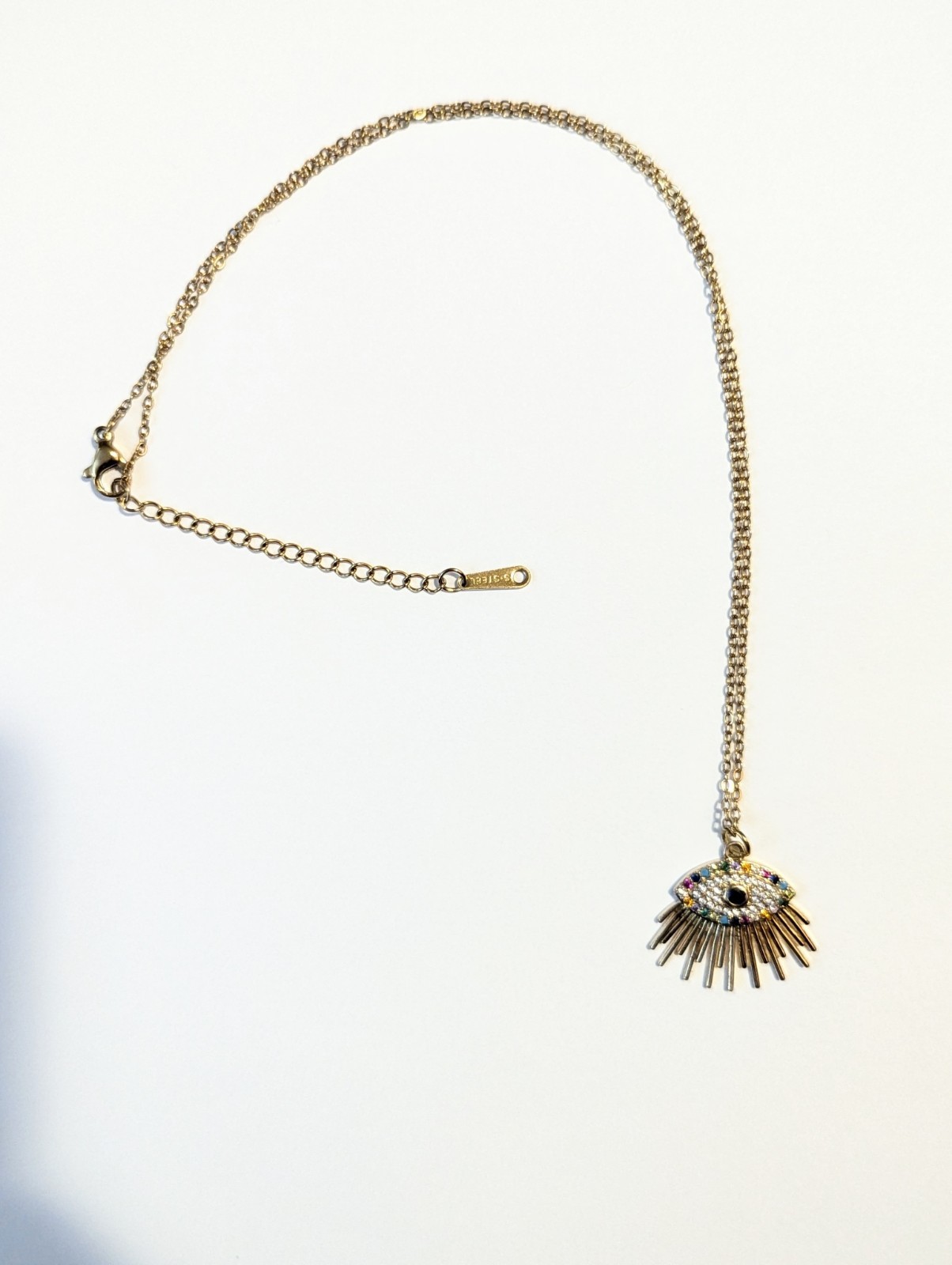 Gold Tone Cable Chain Necklace Multicolor Crystal Rhinestone Evil Eye Charm