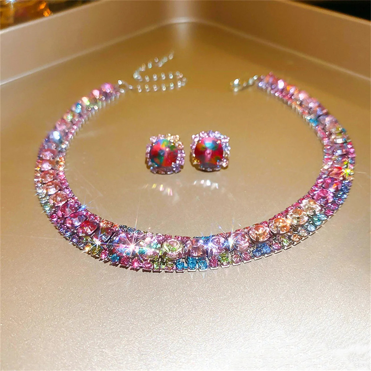 Luxury Crystal Necklace Earrings Set Pink Purple colourful Necklace