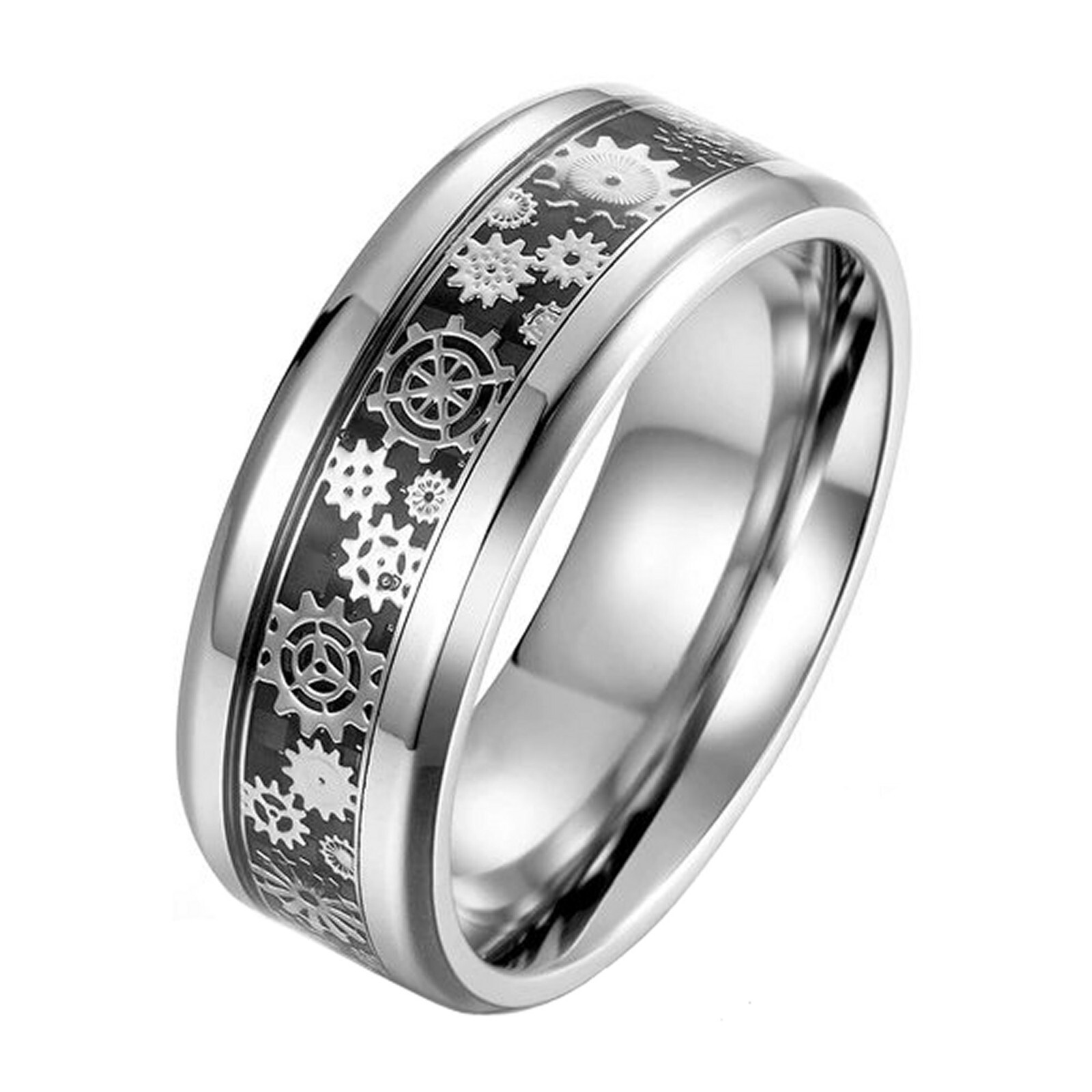 Mechanical Gear Ring Black Silver Stainless Steel Steampunk Wedding Band