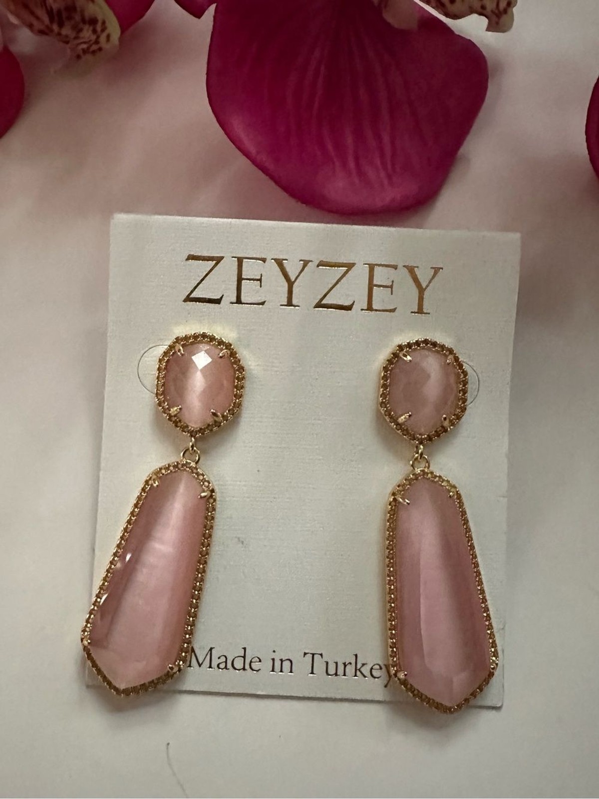 Pink Gold-Tone Long Double Drop Stone Stud Earrings Made in Turkey NWT