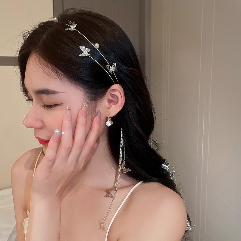 Wedding Butterfly Headband Head Chain Silver Tassel Hair 1 Count (Pack of 1) 01