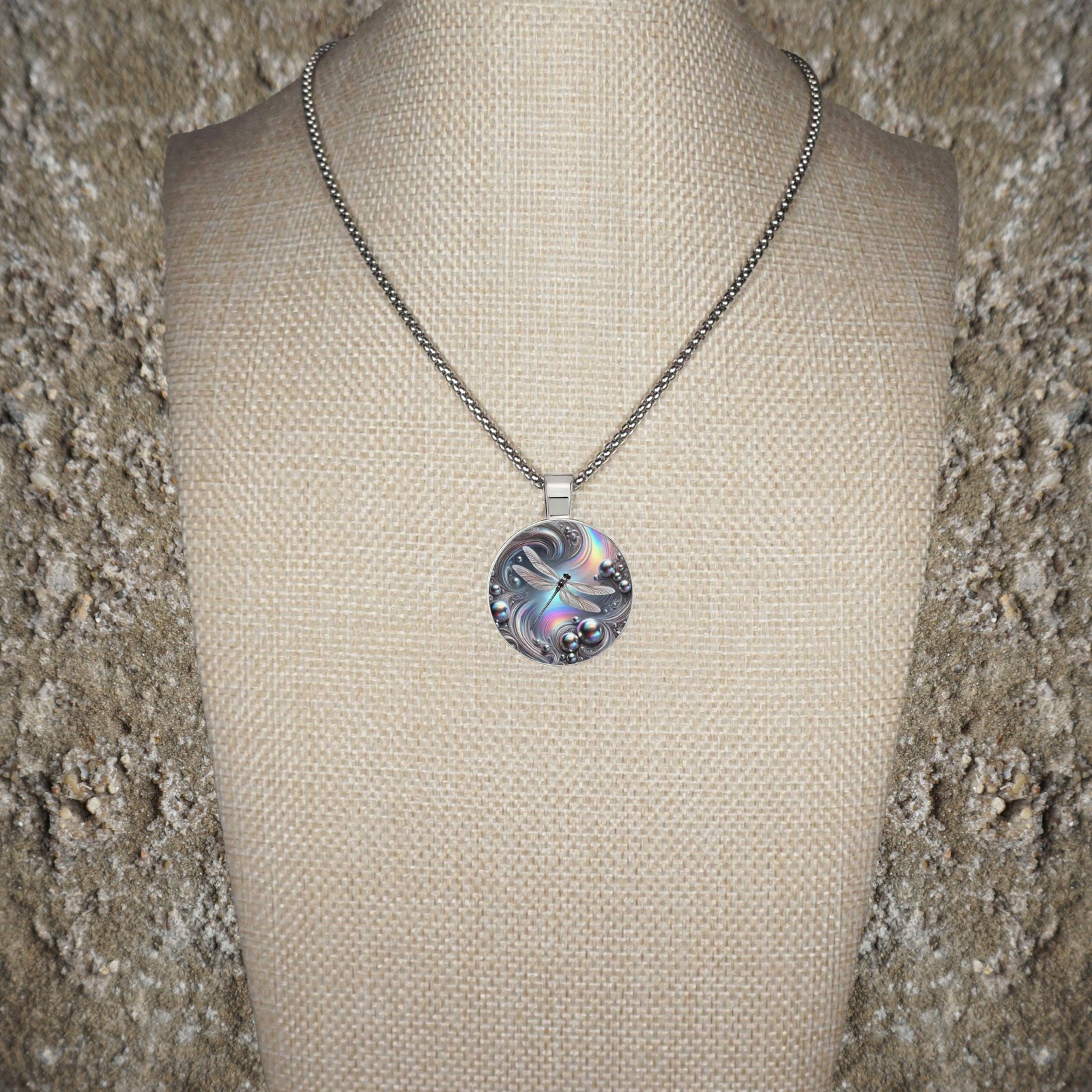 Intricate Blue 2-D Dragonfly Boho Pendant, Stainless Steel Necklace