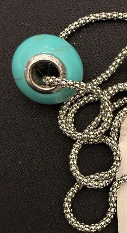 NWT Signed ATI Athra Set Sterling SilverSnakeChainNecklace& Turquoise, 925 Charm