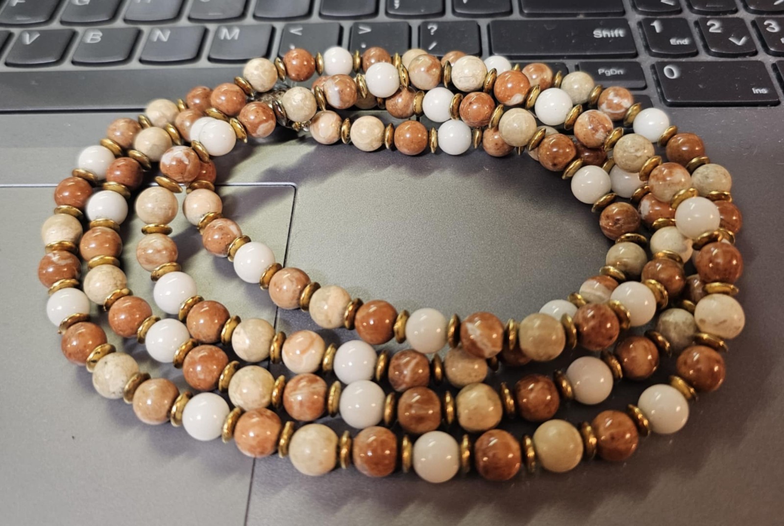 Jasper Stone White Brown Beads 2 Strands Beaded Necklace 23.5in- S92