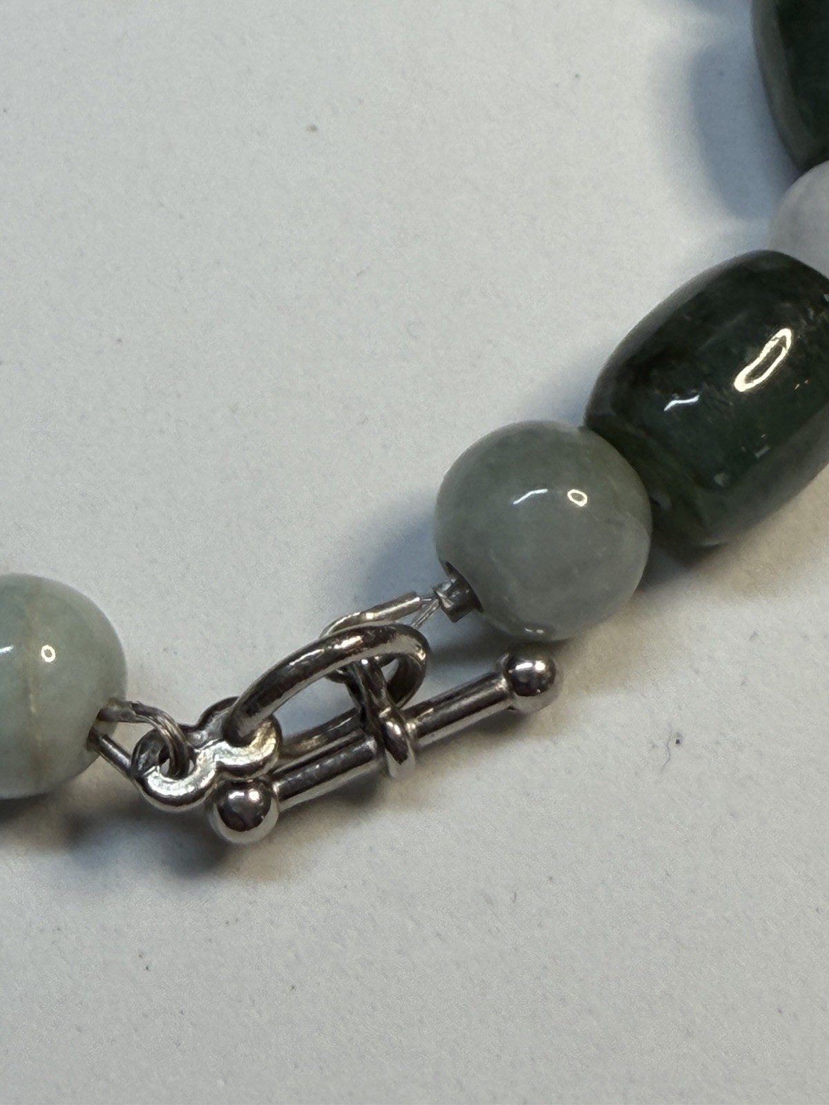 Vintage Natural Green Nephrite Jade & Agate Barrel Bead Toggle Bracelet 19.5cm