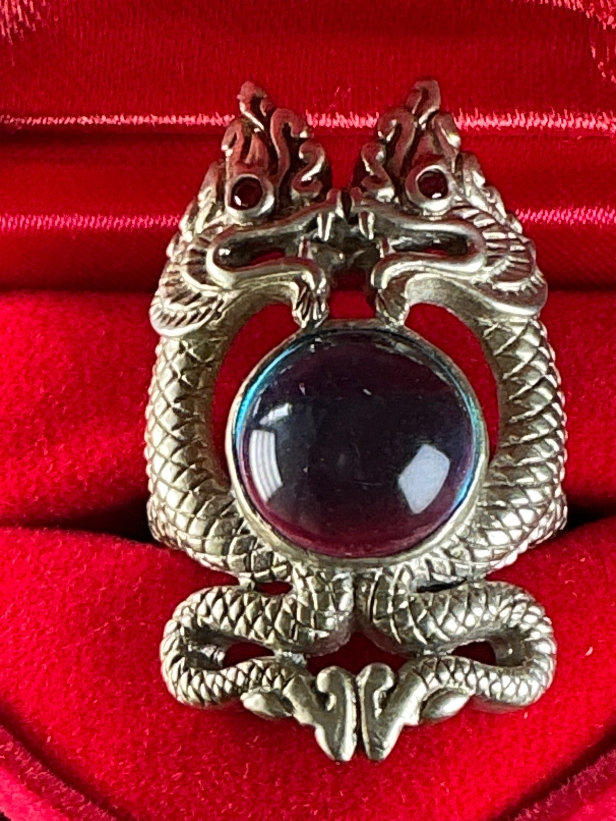 Vintage Blue Stone Twin Naga Unique Style Silver Ring Size 8
