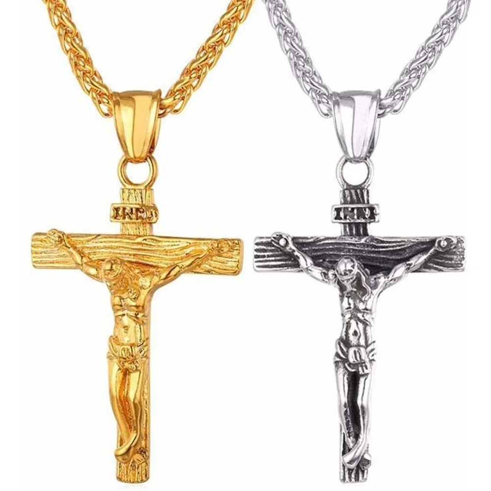 Men Stainless Steel Jesus Christ Crucifix Cross Pendant Chain Necklace