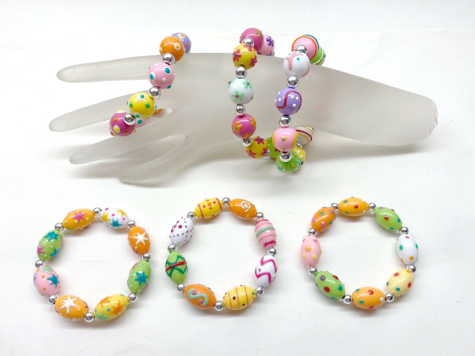 Easter Bracelets Spring Bracelet Colorful Egg Polka Dot Flowers Bracelets 6 pcs