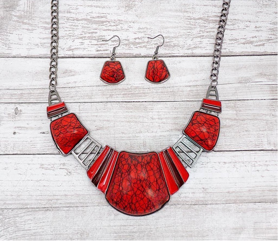 Red and black necklace and earring set, women’s large statement neck set New