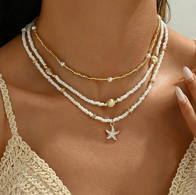 Starfish Necklace for Women, 14K Gold-Plated Boho Layered Beaded Charm Necklace,