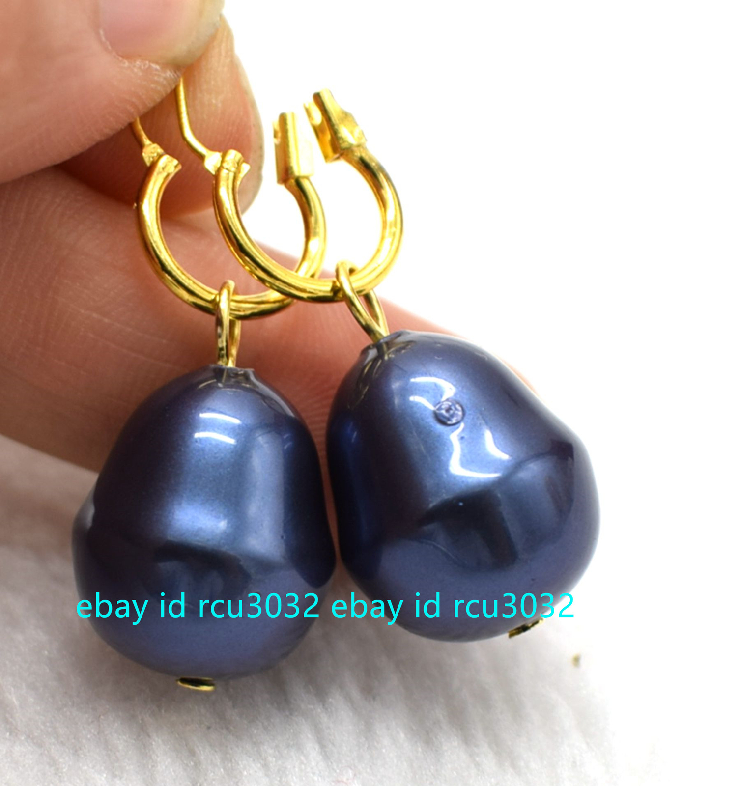 Natural 17-19mm Blue South Sea Baroque Shell Pearl Dangle Leverback Earrings