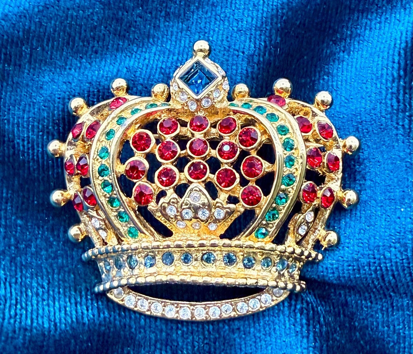 Signed KJL Crown Brooch: Gold-Tone Red Green Blue Rhinestone Statement Pin