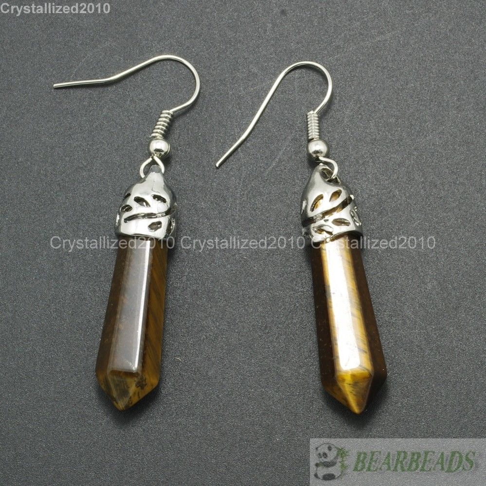 Natural Gemstone Hexagonal Pointed Reiki Chakra Healing Beads Silver Earrings