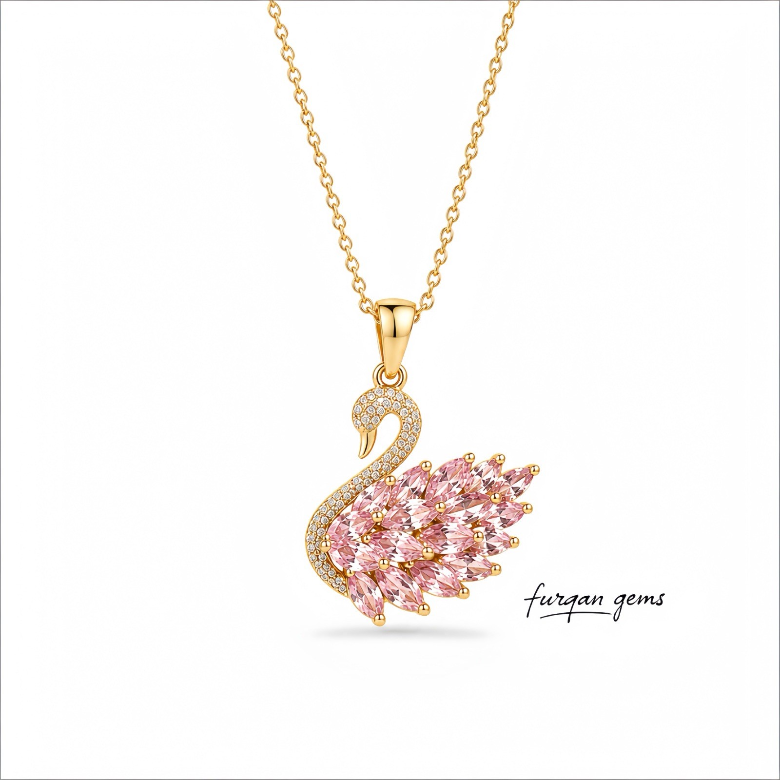 Pink Zircon Swan Pendant Necklace, Sterling Silver Swan Pendant, 18k Gold Plated