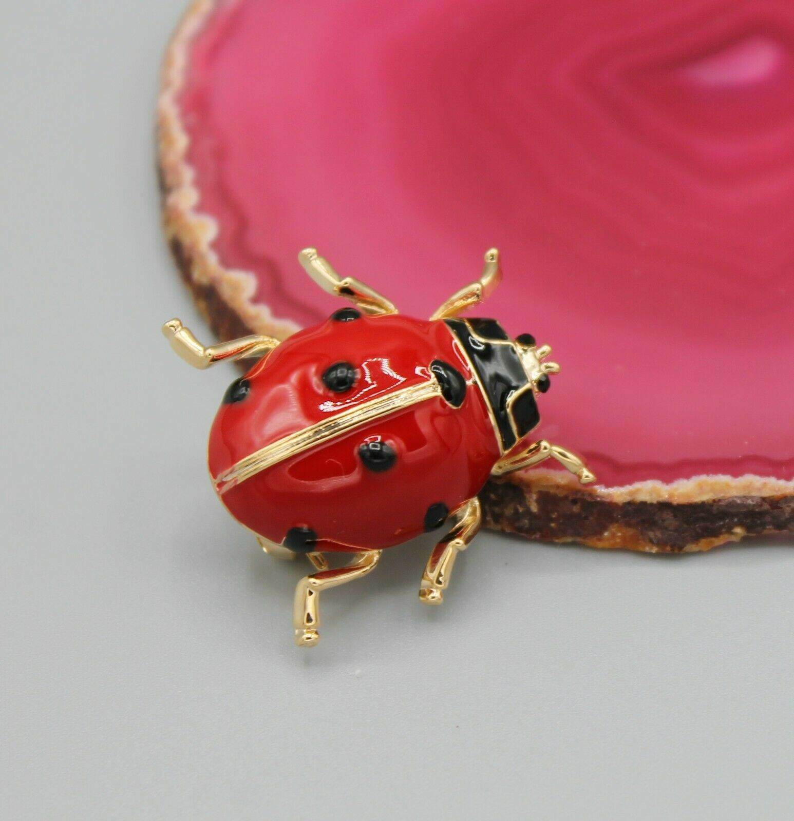 Ladybug luck lucky red black yellow gold tone cute adorable pin brooch
