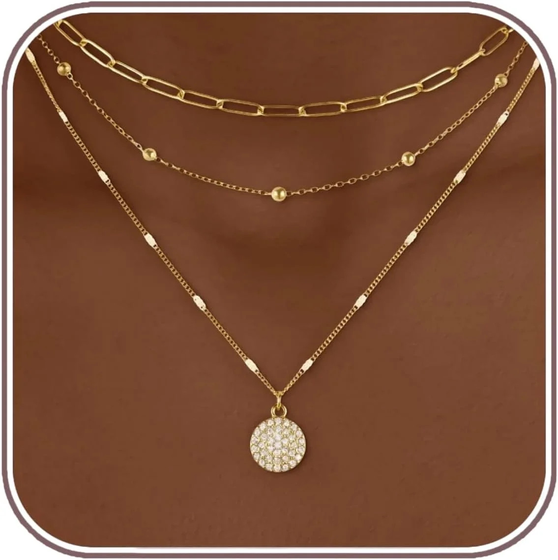 Layered Gold Necklace Stack for Women, 18K Gold Plated Stainless Steel Hypoaller