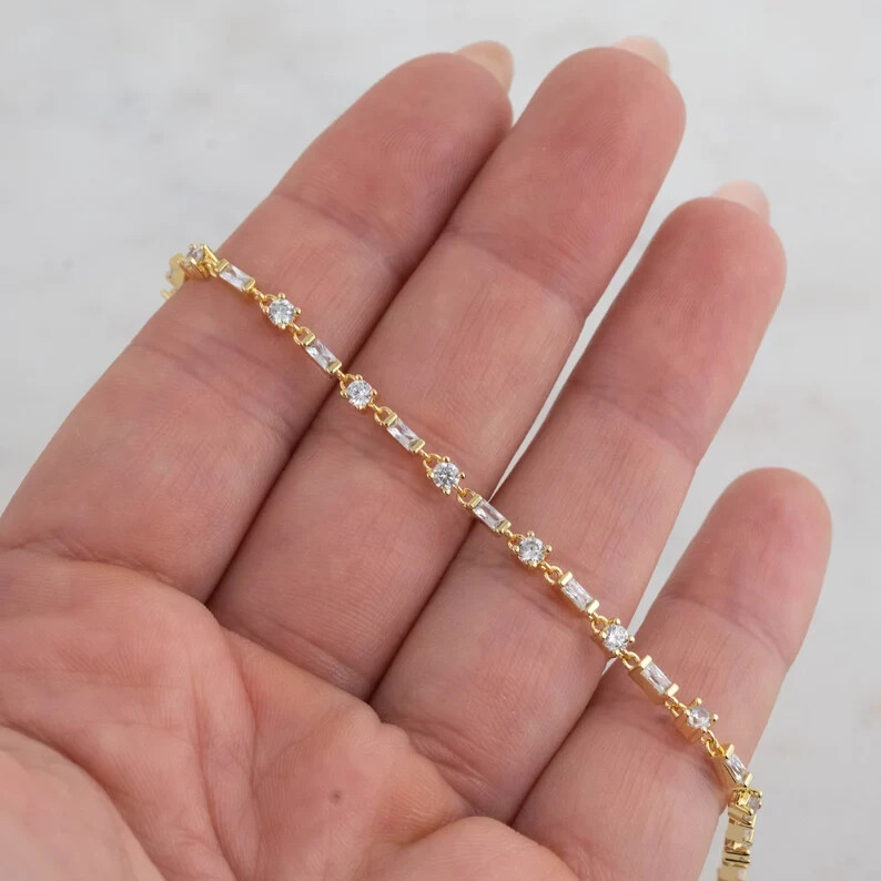 8 Ct Baguette Simulated Diamond Tennis Link Bracelet 925 Yellow Sterling Silver
