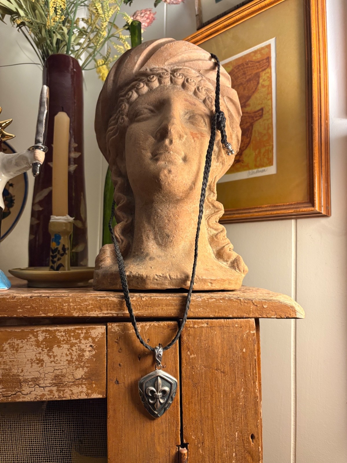 Chrome Hearts Fleur De Lis Pendant 925 Silver braided black leather w/925 caps