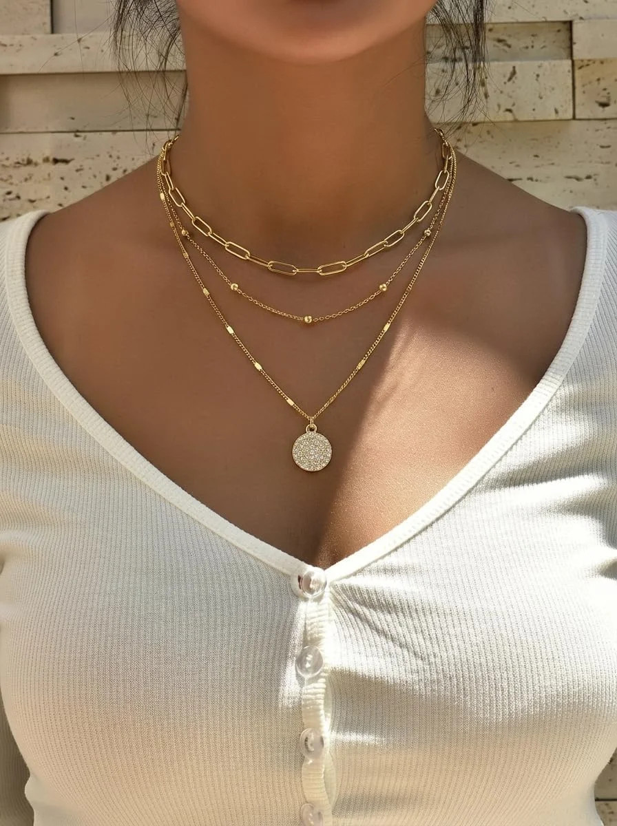 Layered Gold Necklace Stack for Women, 18K Gold Plated Stainless Steel Hypoaller