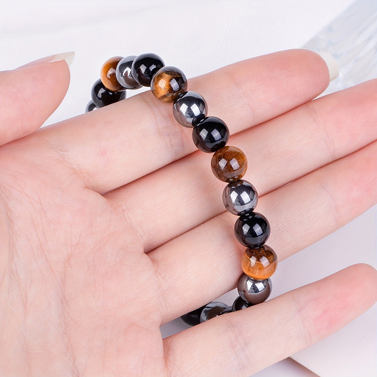 Triple Protection Bracelet 8mm Tiger Eye Obsidian Hematite Crystal Gemstone Bead