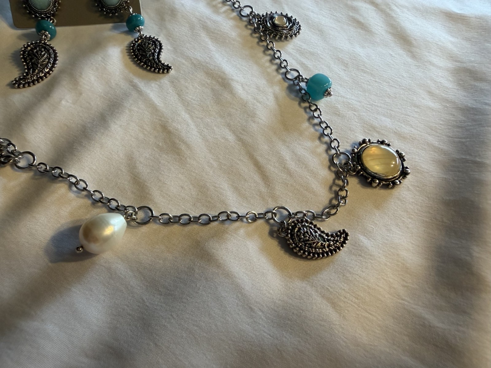 Chico’s Nickel Free Necklace & earrings silver tone with Turquoise color accents